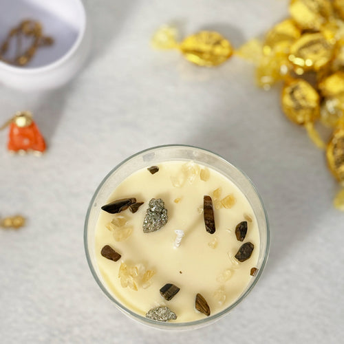 Vela aromática Abundancia Consciente para atraer prosperidad con citrino y pirita