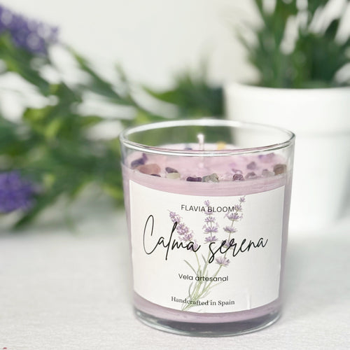 Vela aromática Calma Serena con amatista y fluorita para relajación y equilibrio emocional
