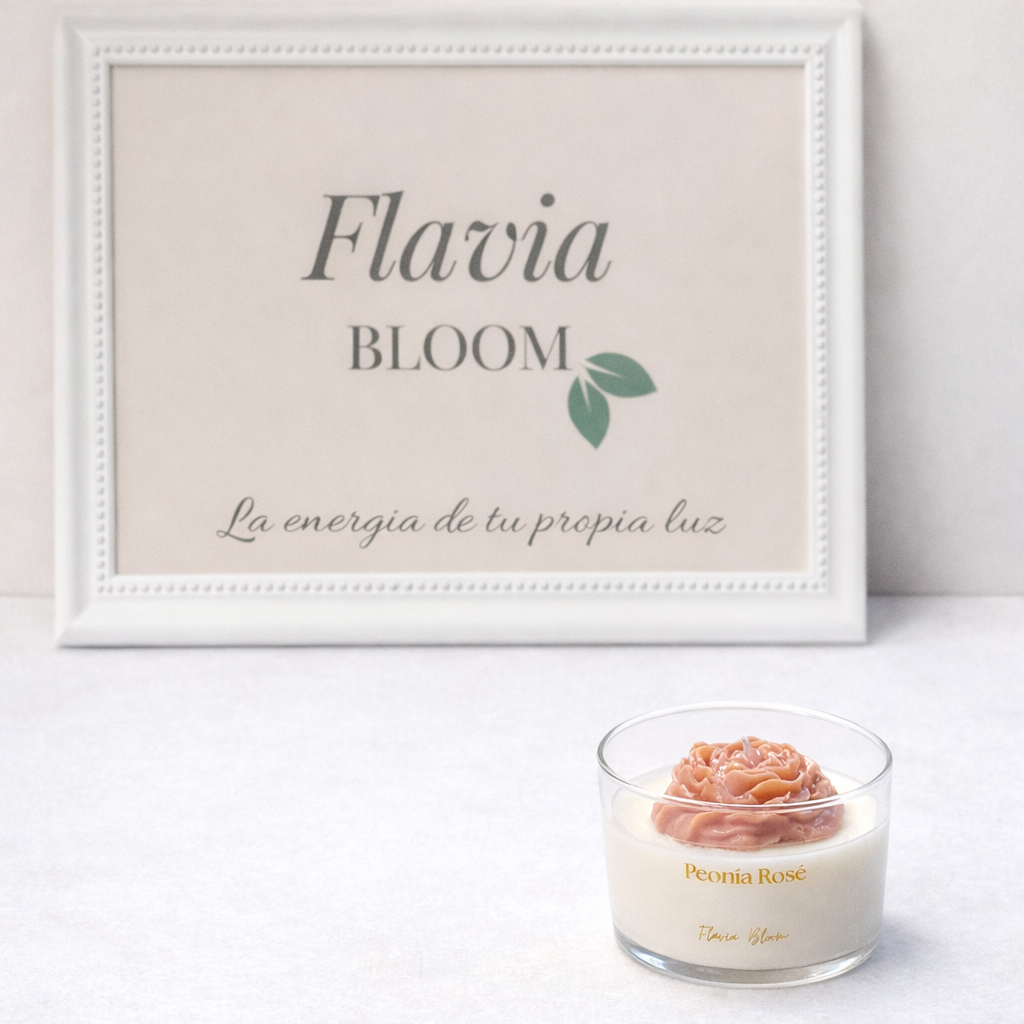 Detalle flor peonía en vela aromática