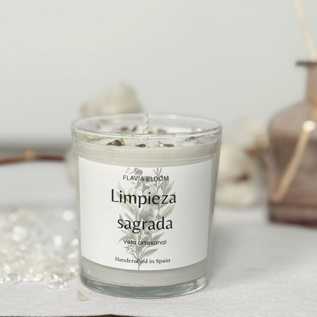Vela decorativa Limpieza Sagrada con limón fresh linen palo santo y eucalipto